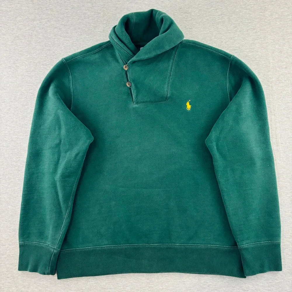 Vintage Polo Ralph Lauren Men Green Shawl Collar Button Fleece Sweatshirt Large